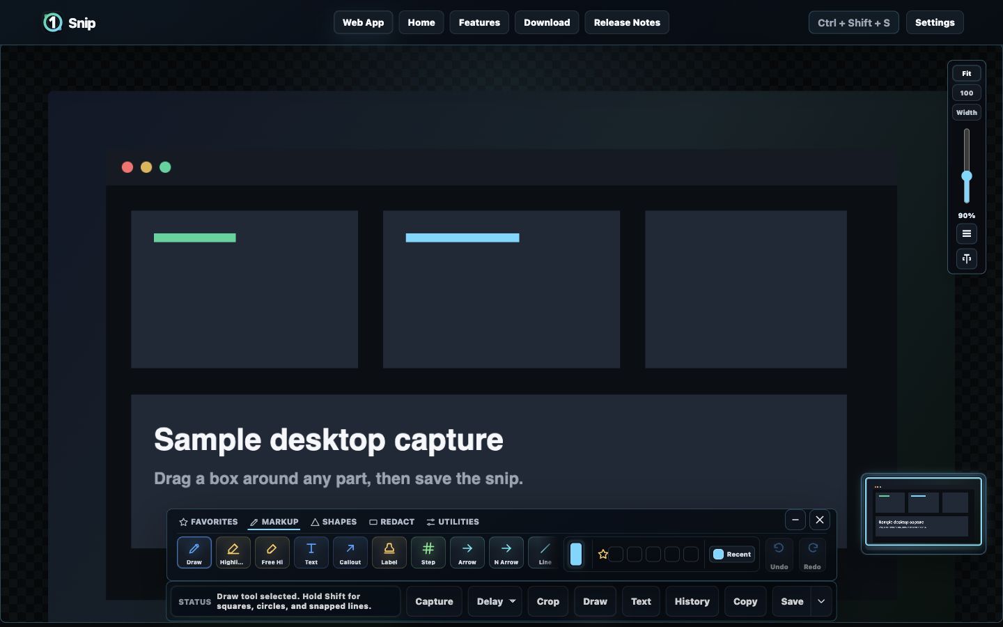 1Snip desktop app with the Draw tools open over a captured image.