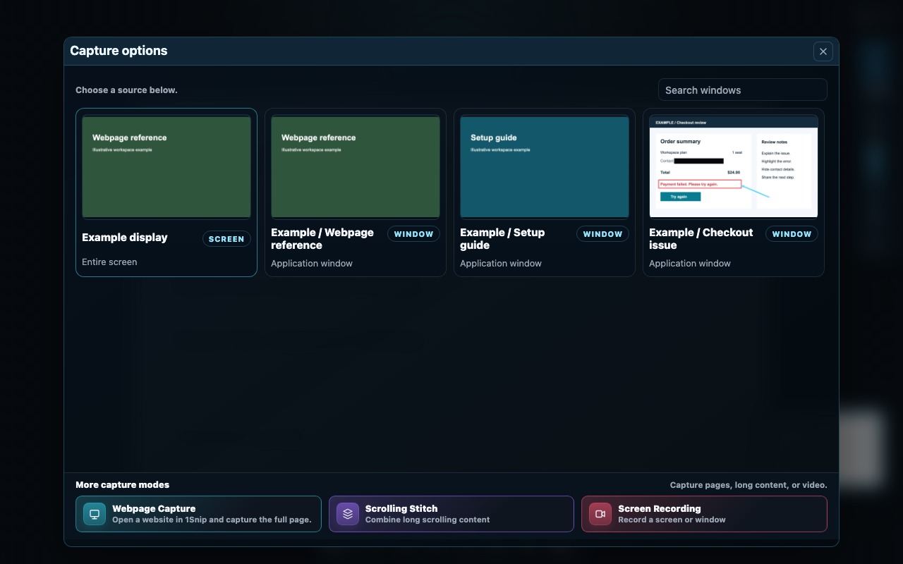 Current desktop Capture options with illustrative display/window sources and separate additional capture modes.
