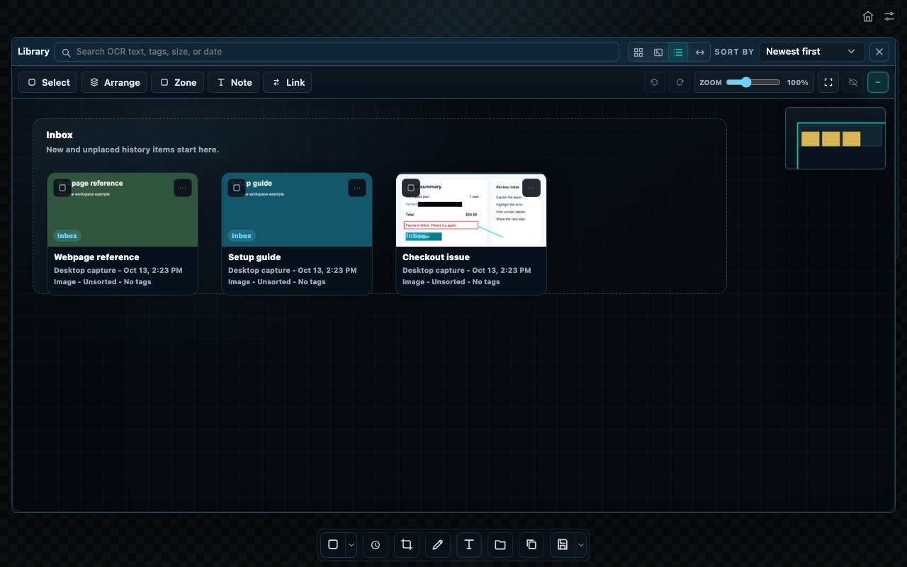 Current Map workspace with illustrative saved captures arranged on a visual board.