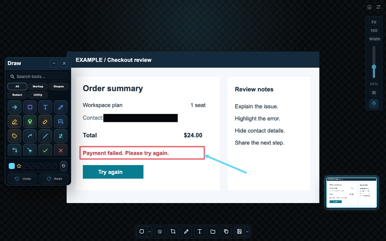Current 1Snip editor showing a demo checkout issue with an arrow, highlighted error and blacked-out contact details.