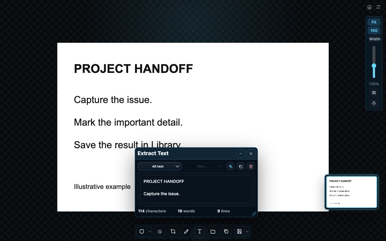 1Snip Text panel showing text recognized from an illustrative project handoff image.