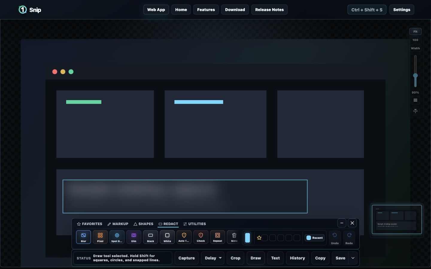 1Snip redaction tools showing blur, pixelate, blackout, and whiteout options.