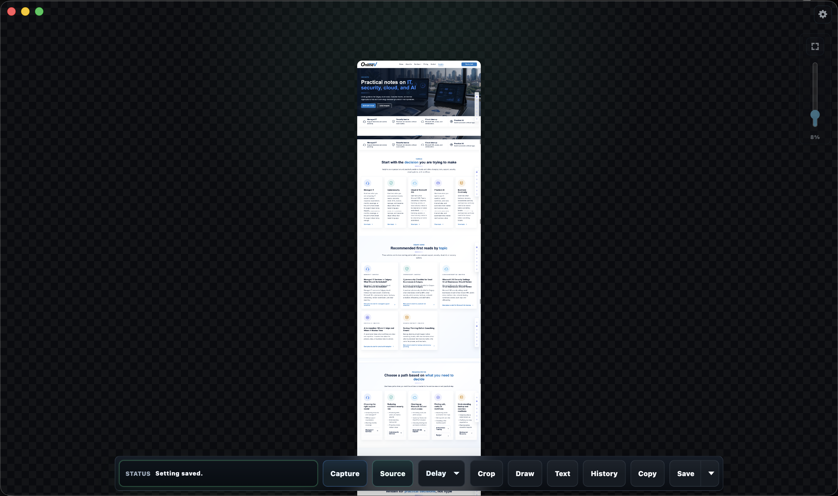 1Snip desktop app showing a captured page in the local workspace with capture controls.